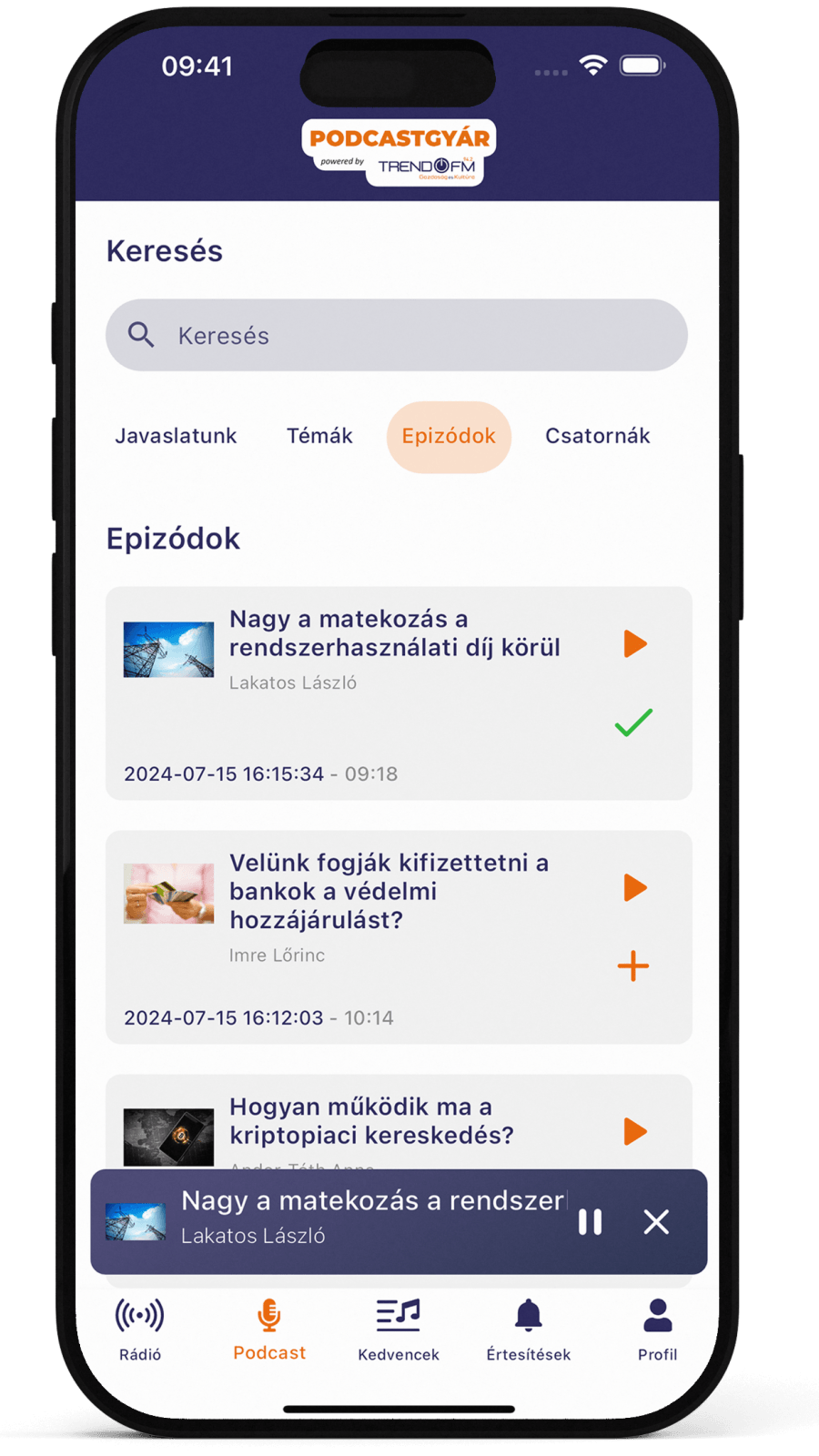 Podcastgyár TrendFM rádió és podcast lejátszó mobilalkalmazás képernyő
